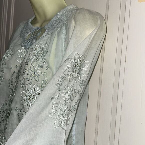 Vtg  70s Boho Festival Light Blue Eyelet Lace  Embroidered Long Sleeve Blouse - Picture 3 of 7